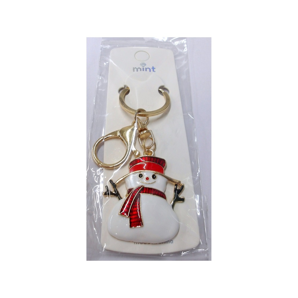 Snowman Keychain Red White Enamel Gold Tone Holiday Bag Charm / #26683